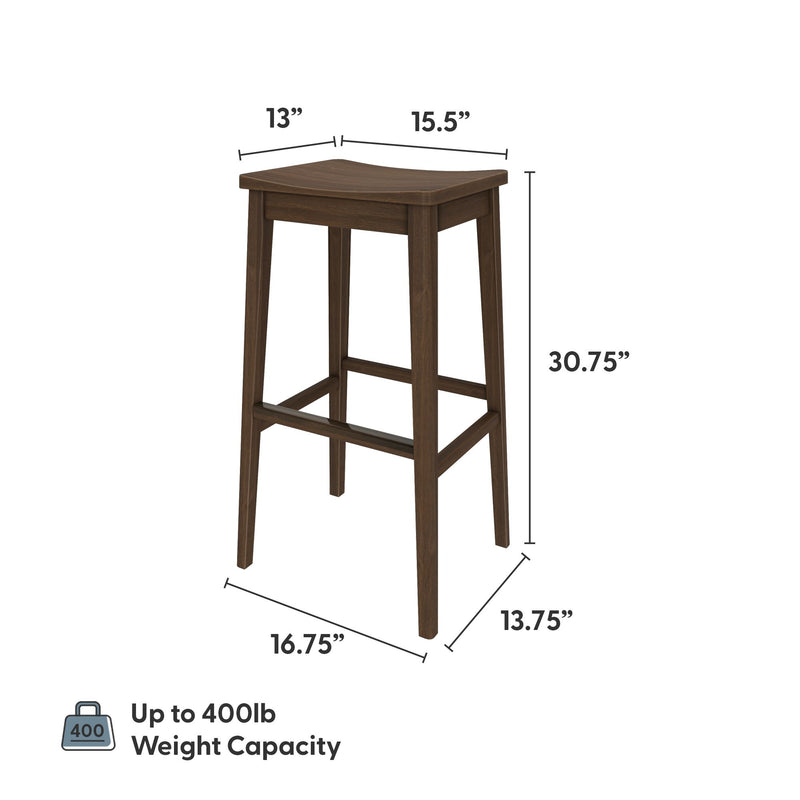 Wooden bar stool with 400lb weight capacity, dimensions 30.75 inches high, 15.5 inches wide, 13 inches deep.