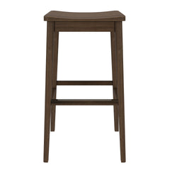 Wooden bar stool with backless design and dark finish.