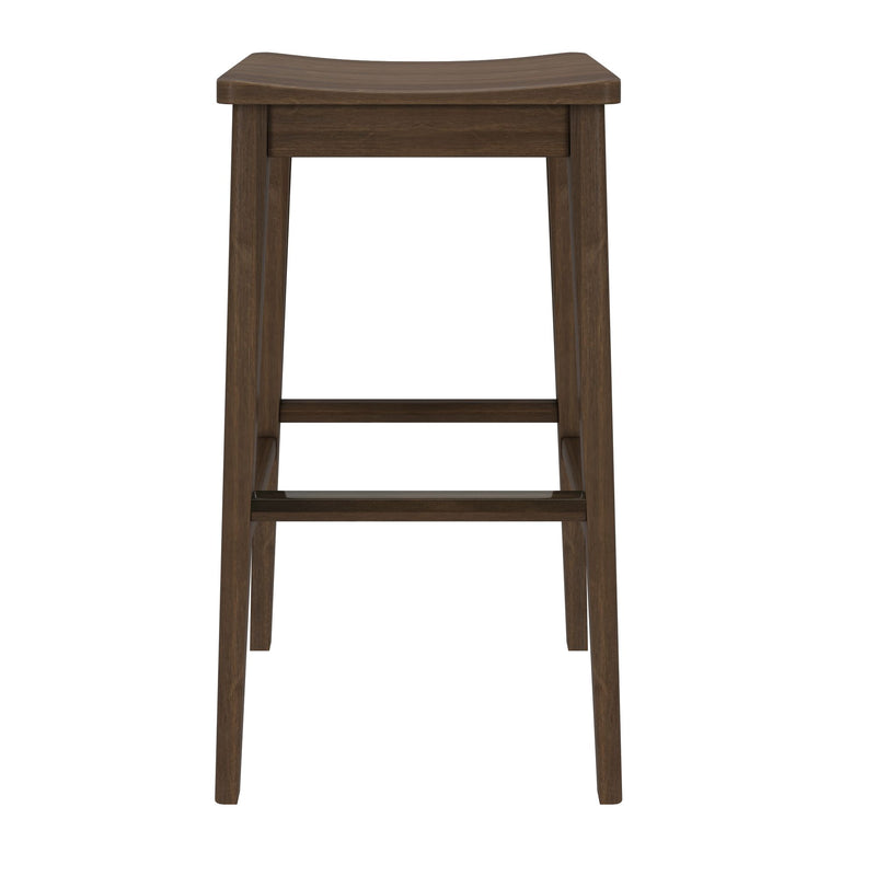 Wooden bar stool with backless design and dark finish.