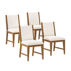 Four modern wooden dining chairs with white cushioned seats.