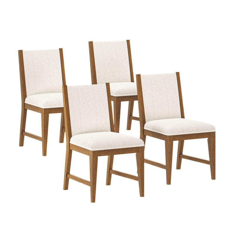 Four modern wooden dining chairs with white cushioned seats.