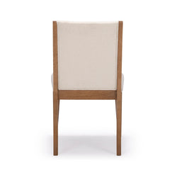 Back view of a modern wooden dining chair with a beige upholstered backrest.