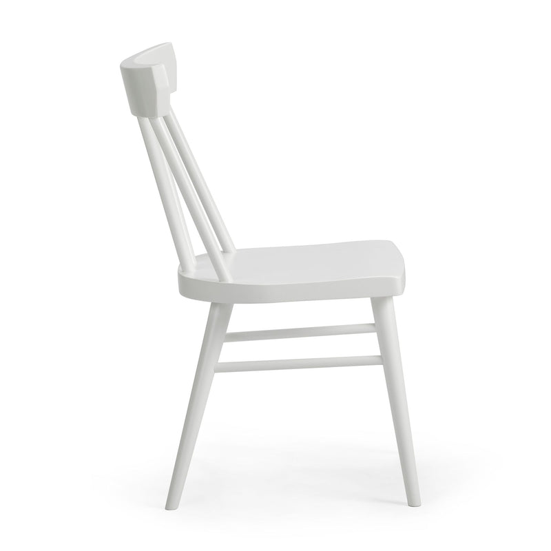 White modern dining chair with spindle back design on white background.