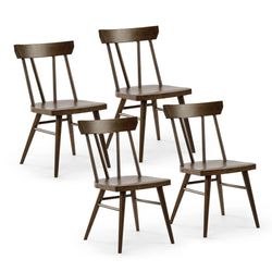 Set of four elegant wooden dining chairs with spindle back design in dark brown finish.