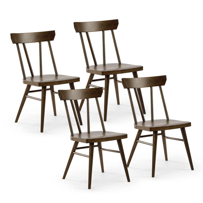 Set of four brown wooden spindle-back dining chairs with contoured seats, mid-century modern kitchen seating