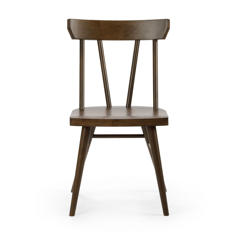 Mid-century modern wooden dining chair with a dark walnut finish and minimalist design.
