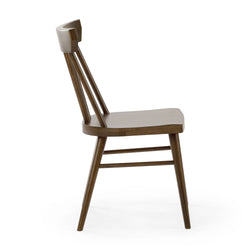 「Modern wooden dining chair with classic spindle back design, side view.」
