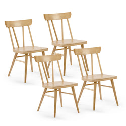 Four light wood dining chairs with a classic design on a white background.