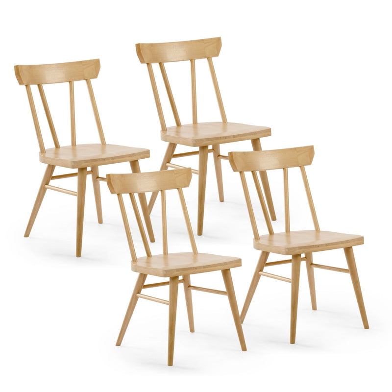 Four light wood dining chairs with a classic design on a white background.