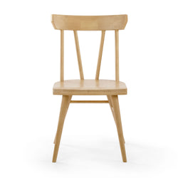 Natural wood dining chair with minimalist design and spindle backrest.