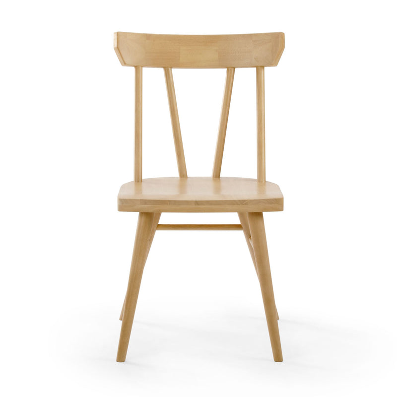 Natural wood dining chair with minimalist design and spindle backrest.