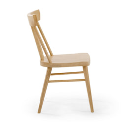 Side view of a modern wooden dining chair with minimalist design.