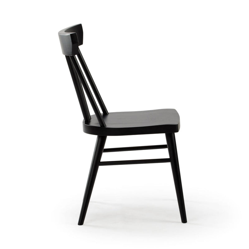 Modern black wooden chair with minimalist design, side view.
