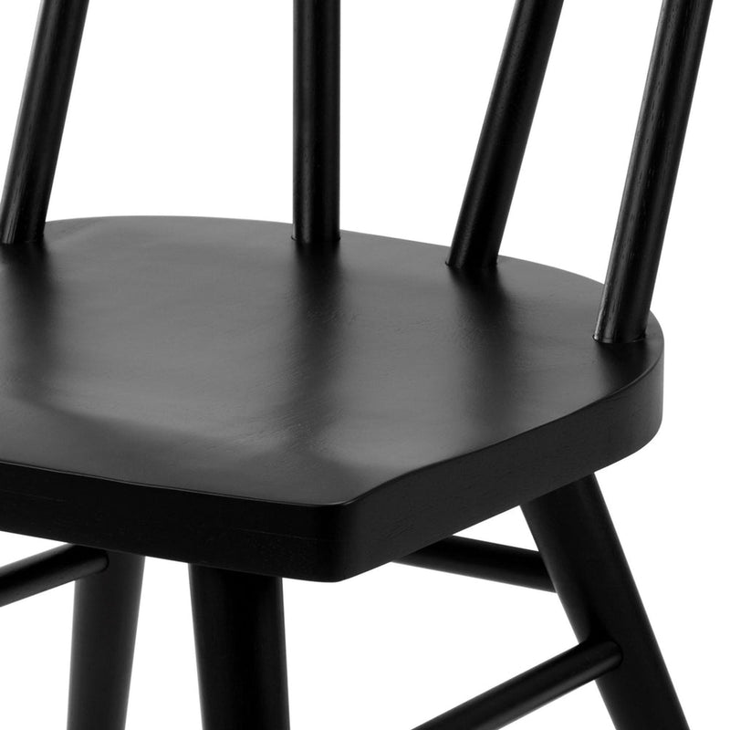 Black wooden chair close-up showing sturdy seat and sleek design.