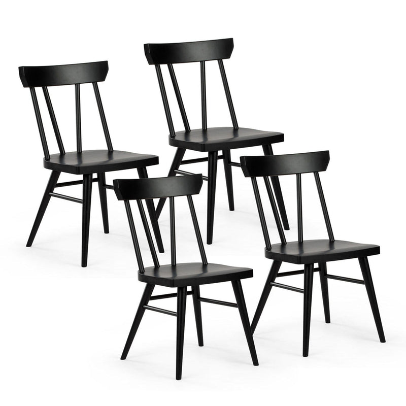 Set of four black wooden dining chairs with modern design.