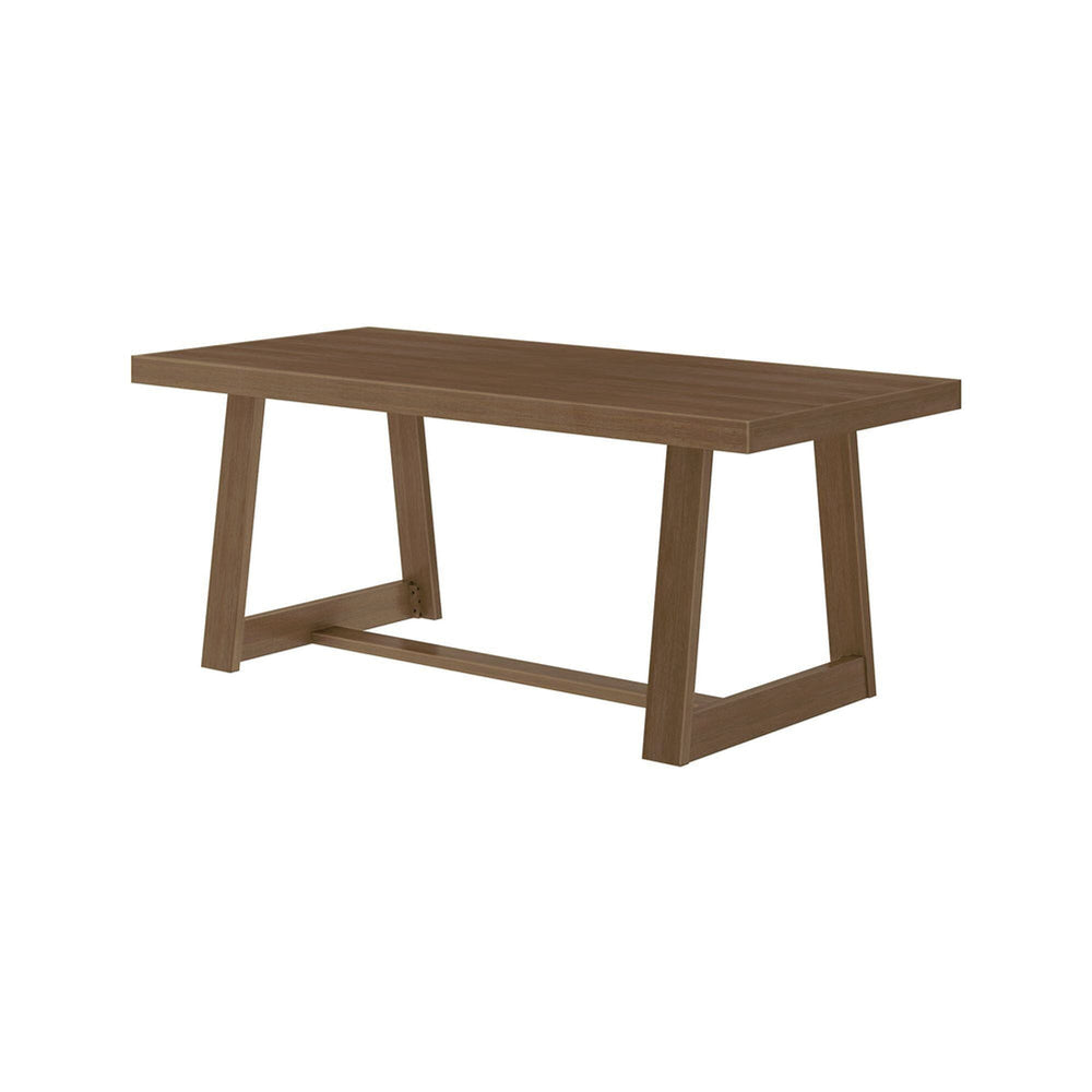 Wooden rectangular dining table with angled legs on a white background.