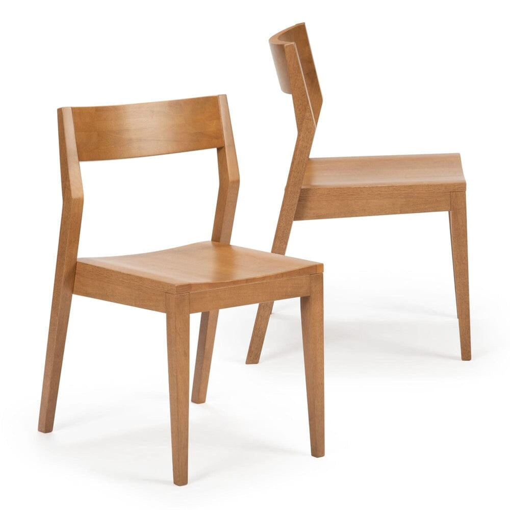 Two modern wooden dining chairs with sleek design and natural wood finish.