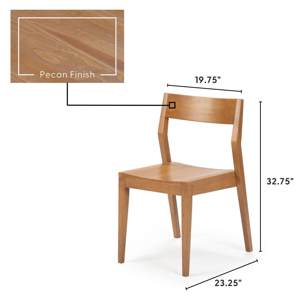 Wooden chair with pecan finish, featuring dimensions 19.75 inches wide, 32.75 inches tall, and 23.25 inches deep.