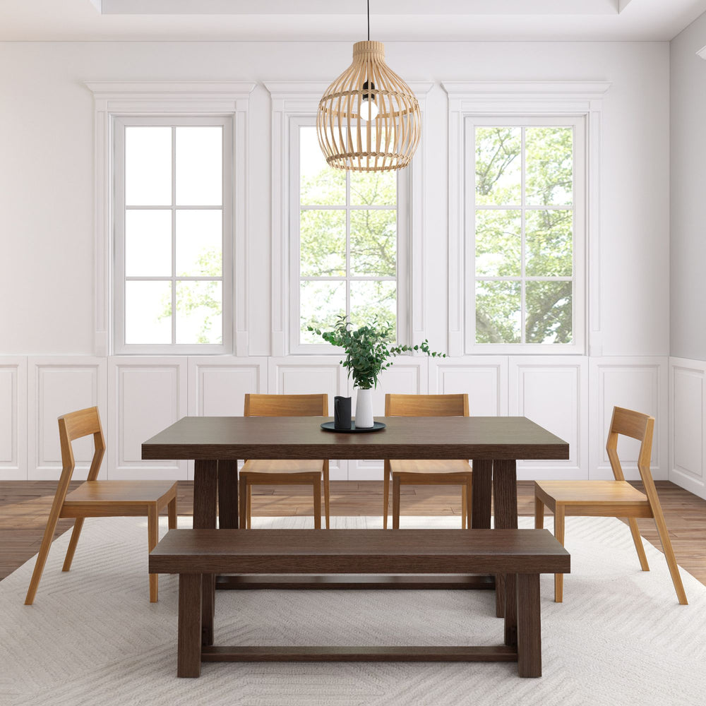 Modern dining room with wooden table, chairs, and pendant light, featuring large windows and bright natural lighting.