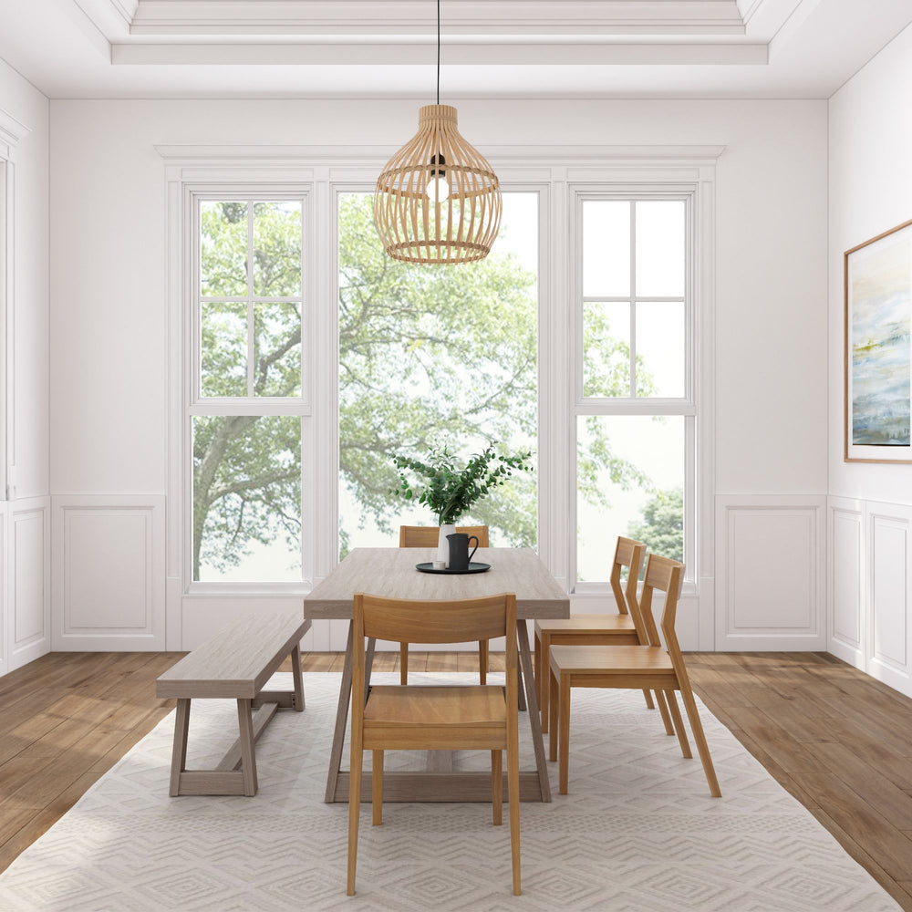 Minimalist dining room with wooden furniture, large windows, and a pendant light.