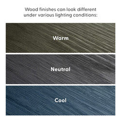 Three wood finish samples labeled Warm, Neutral, and Cool showing how lighting affects wood grain texture and color variation.
