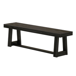 Dark wooden trestle bench with stretcher support — long rustic modern farmhouse dining or entryway bench