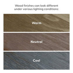 Wood finishes under various lighting conditions: three horizontal wood grain samples showing warm golden-brown, neutral mid-brown, and cool gray-blue tones to illustrate color and texture variation