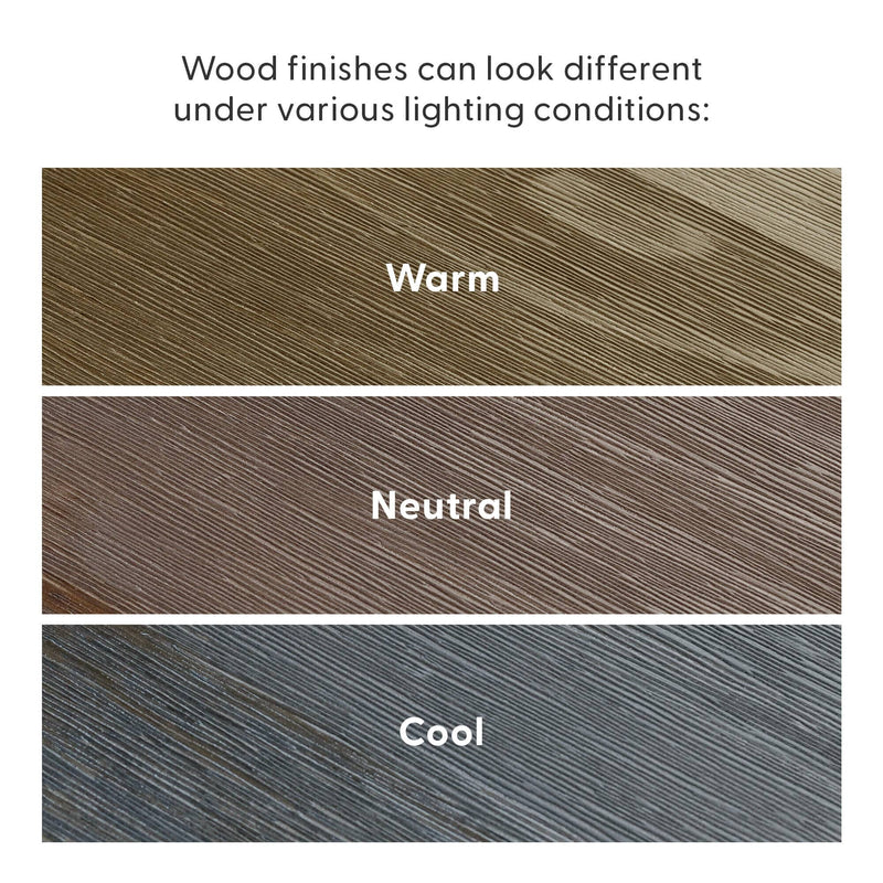 Wood finishes under various lighting conditions: three horizontal wood grain samples showing warm golden-brown, neutral mid-brown, and cool gray-blue tones to illustrate color and texture variation
