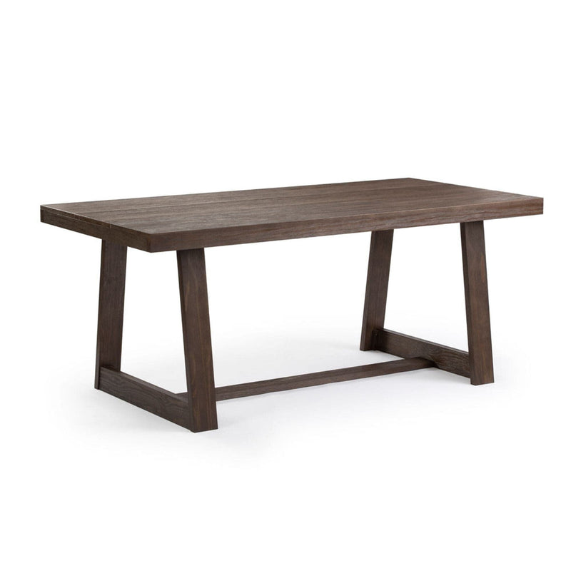 Rectangular dark wood dining table with A-frame trestle legs and stretcher base, modern farmhouse solid wood dining table