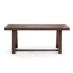 Rectangular dark brown solid wood dining table with trestle base, modern rustic farmhouse style on white background