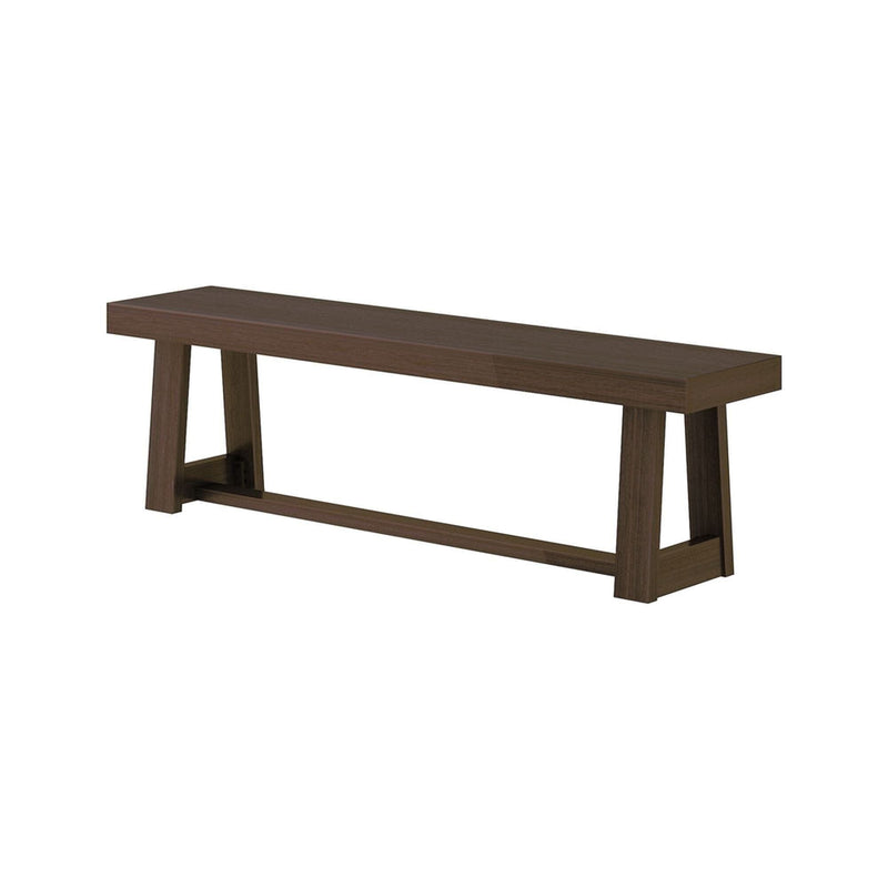 Long walnut-finish wooden bench with trestle-style legs and stretcher, modern farmhouse dining or entryway bench
