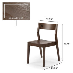 Walnut finish solid wood dining chair with angled back and tapered legs, modern mid-century side chair, dimensions 32.75 in H x 23.25 in D x 19.75 in W.