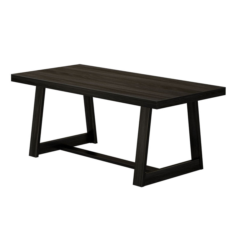Modern dark wood dining table with rectangular top and sturdy trestle legs.