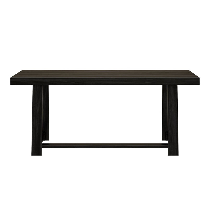 Modern black rectangular dining table with sleek wooden design.