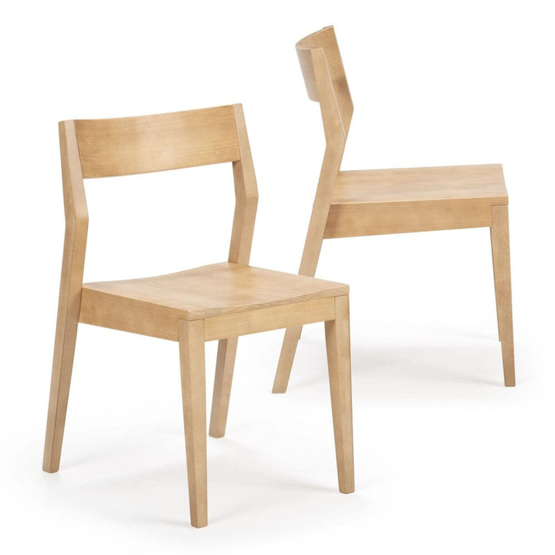 Two modern wooden dining chairs with a minimalist design and natural finish.