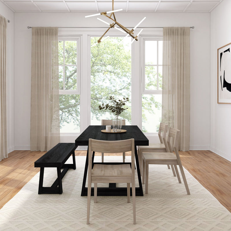 Modern dining room with wooden table, beige chairs, large windows, and contemporary chandelier.