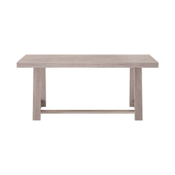 Modern wooden dining table with a light oak finish and sturdy legs.