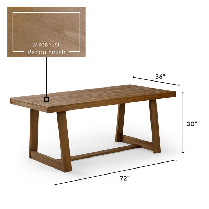 Rustic wooden dining table with wirebrush pecan finish, dimensions 72x36x30 inches.