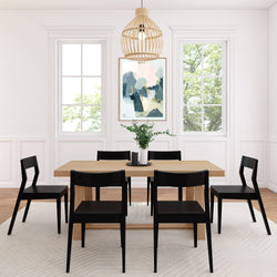 2872MC1170-150 : Dining Set 72" Classic Solid Wood Dining Table Set, Blonde Wirebrush, + 6 Chairs Black