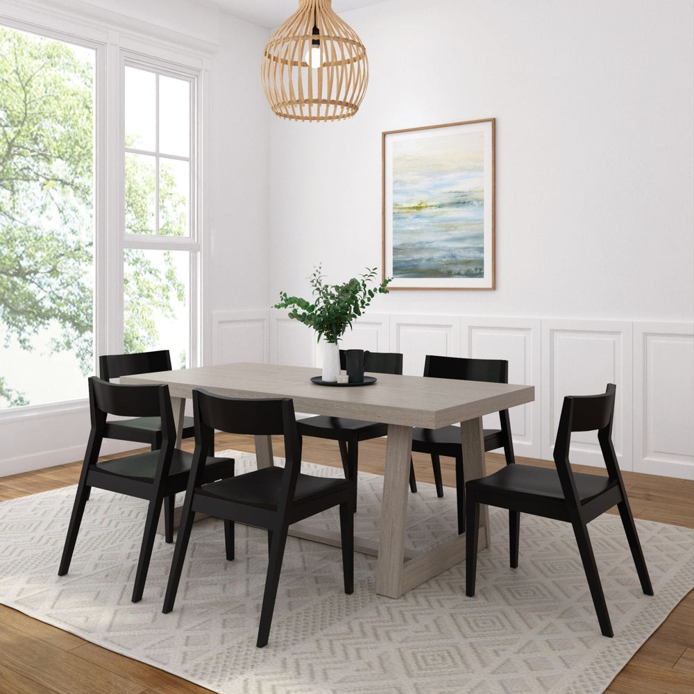 Classic Solid Wood Dining Table Set with Black Chairs Dining Set Plank+Beam Seashell Wirebrush