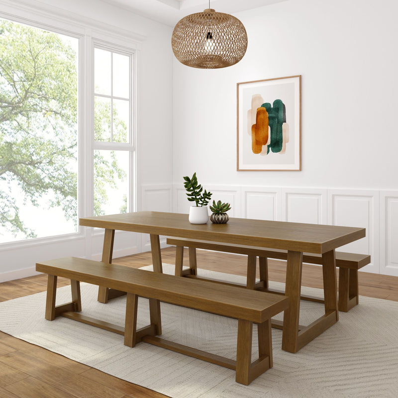 Modern dining room with a wooden table and benches, featuring a geometric chandelier and abstract wall art.