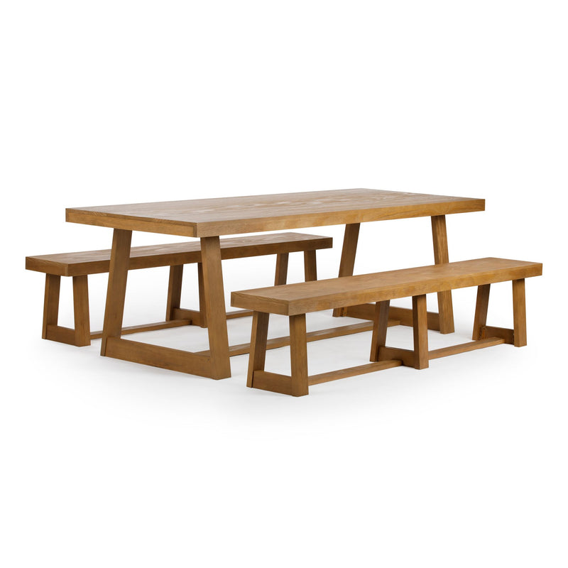 Modern wooden dining table set with matching benches.