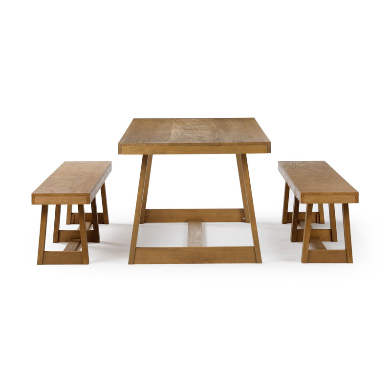 Rustic wooden dining table with two matching benches on a white background.