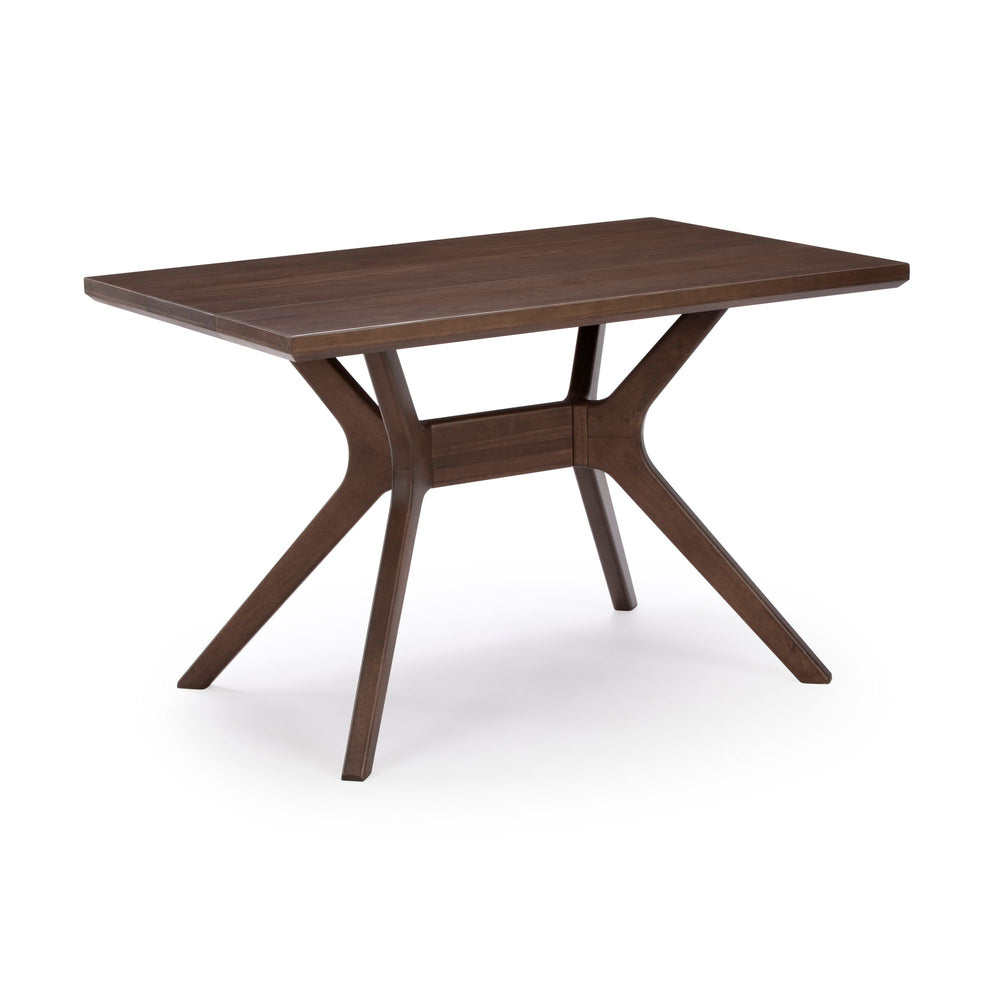 Mid-century modern wooden dining table with distinctive geometric base design.