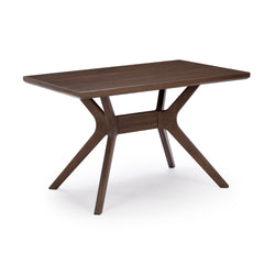 Mid-century modern wooden dining table with distinctive geometric base design.
