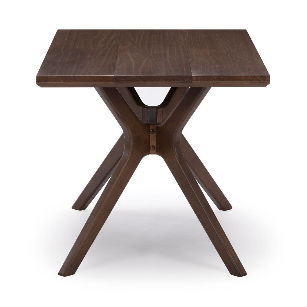Rustic wooden dining table with unique crossed legs design in dark brown finish.