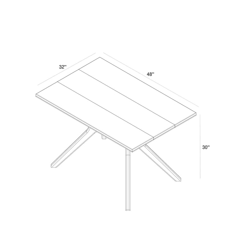 Isometric drawing of a modern rectangular table with measurements of 48 inches by 32 inches by 30 inches, highlighting sleek design.