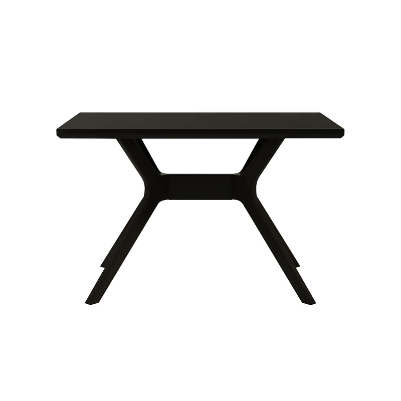 Modern black minimalist desk with sleek legs, perfect for home office setups.