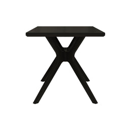 Black modern dining table with X-shaped legs on a white background.