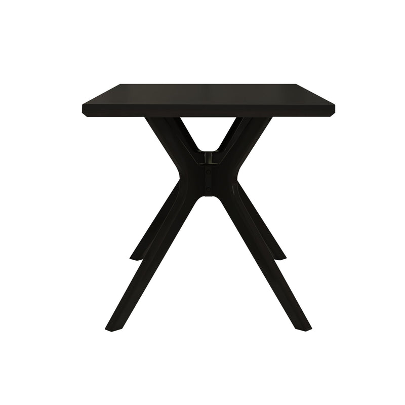 Black modern dining table with X-shaped legs on a white background.